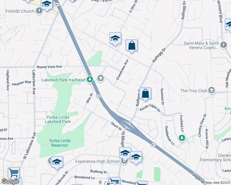 map of restaurants, bars, coffee shops, grocery stores, and more near 5729 Grandview Avenue in Yorba Linda