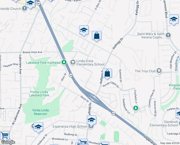 map of restaurants, bars, coffee shops, grocery stores, and more near 5771 Grandview Avenue in Yorba Linda