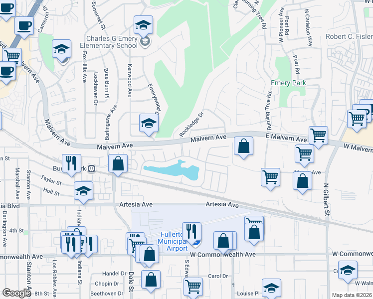 map of restaurants, bars, coffee shops, grocery stores, and more near 5 Waterside Cove in Buena Park