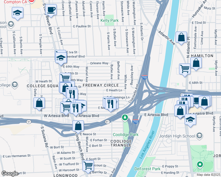 map of restaurants, bars, coffee shops, grocery stores, and more near 297 East Heath Lane in Long Beach