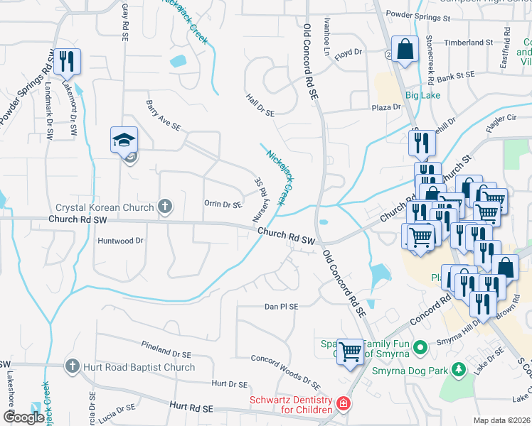 map of restaurants, bars, coffee shops, grocery stores, and more near 3139 North Nursery Road in Smyrna