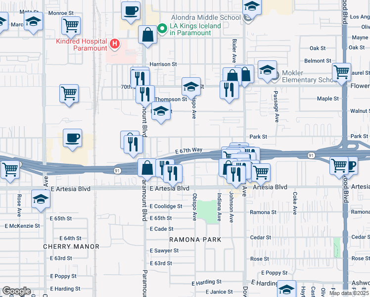 map of restaurants, bars, coffee shops, grocery stores, and more near 6750 North Hammond Avenue in Long Beach
