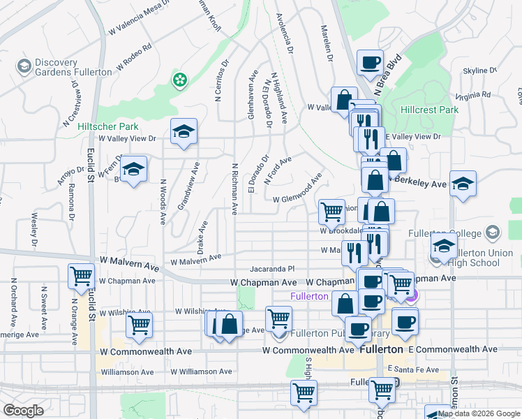 map of restaurants, bars, coffee shops, grocery stores, and more near 417 Del Monte West in Fullerton