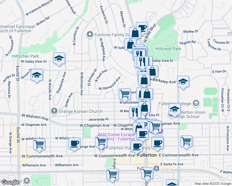 map of restaurants, bars, coffee shops, grocery stores, and more near 750 North Highland Avenue in Fullerton