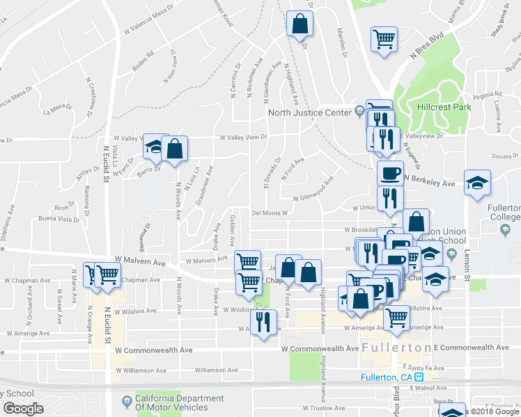 map of restaurants, bars, coffee shops, grocery stores, and more near 801 El Dorado Drive in Fullerton