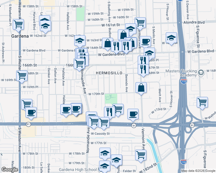 map of restaurants, bars, coffee shops, grocery stores, and more near 16915 South Raymond Avenue in Gardena