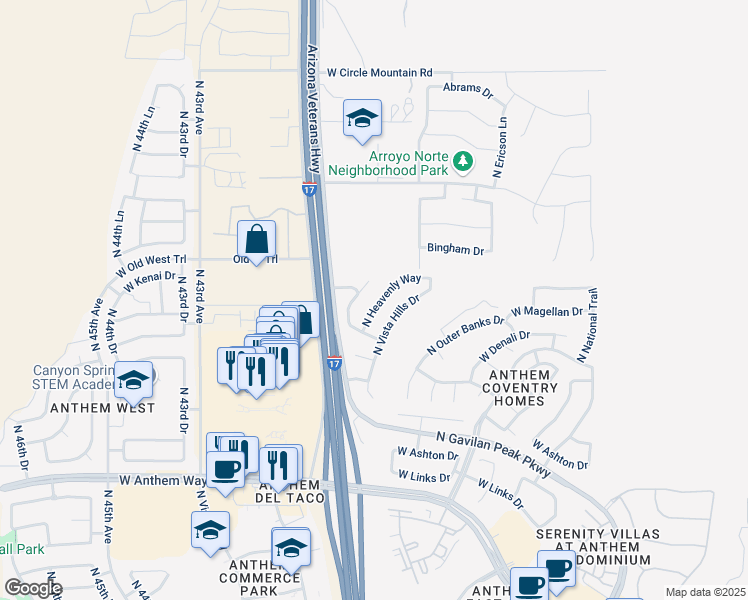 map of restaurants, bars, coffee shops, grocery stores, and more near 43256 North Heavenly Way in New River