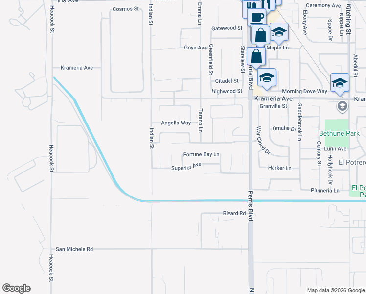 map of restaurants, bars, coffee shops, grocery stores, and more near 24639 Northern Dancer Drive in Moreno Valley