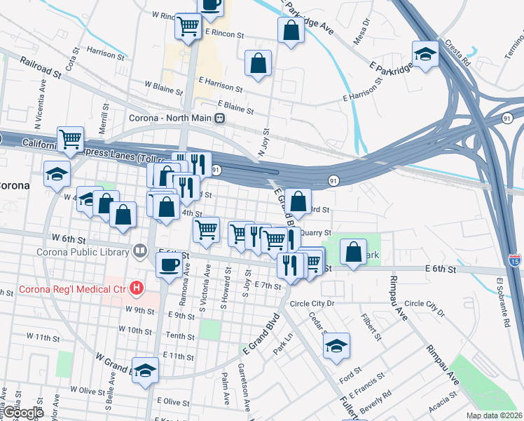 map of restaurants, bars, coffee shops, grocery stores, and more near 313 South Joy Street in Corona