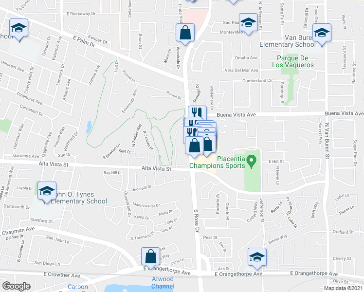 map of restaurants, bars, coffee shops, grocery stores, and more near in Placentia