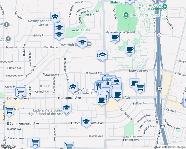 map of restaurants, bars, coffee shops, grocery stores, and more near 2324 Nutwood Avenue in Fullerton