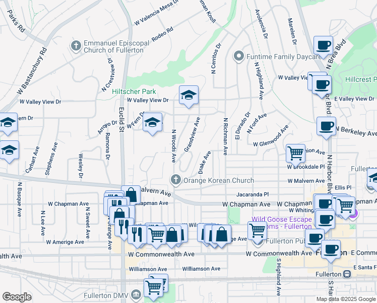 map of restaurants, bars, coffee shops, grocery stores, and more near 800 Oceanview Drive in Fullerton