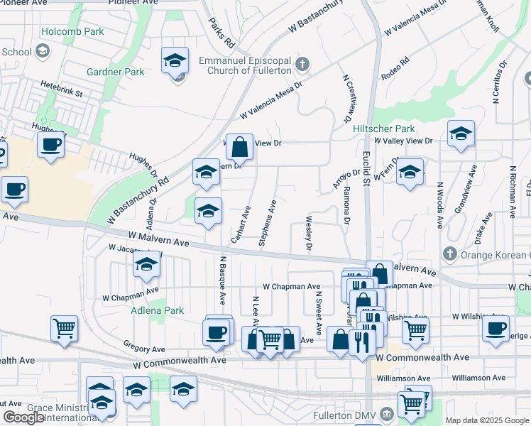 map of restaurants, bars, coffee shops, grocery stores, and more near 763 Stephens Avenue in Fullerton