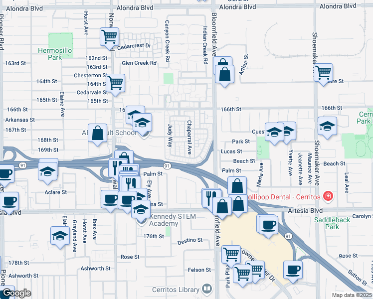 map of restaurants, bars, coffee shops, grocery stores, and more near 16905 Chaparral Avenue in Cerritos
