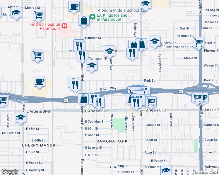 map of restaurants, bars, coffee shops, grocery stores, and more near 6750 North Hammond Avenue in Long Beach