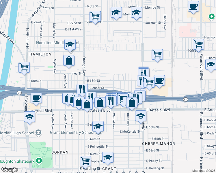 map of restaurants, bars, coffee shops, grocery stores, and more near 1429 East Eleanor Street in Long Beach