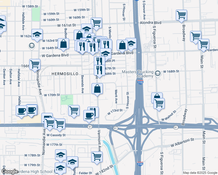 map of restaurants, bars, coffee shops, grocery stores, and more near 16911 Ainsworth Street in Gardena