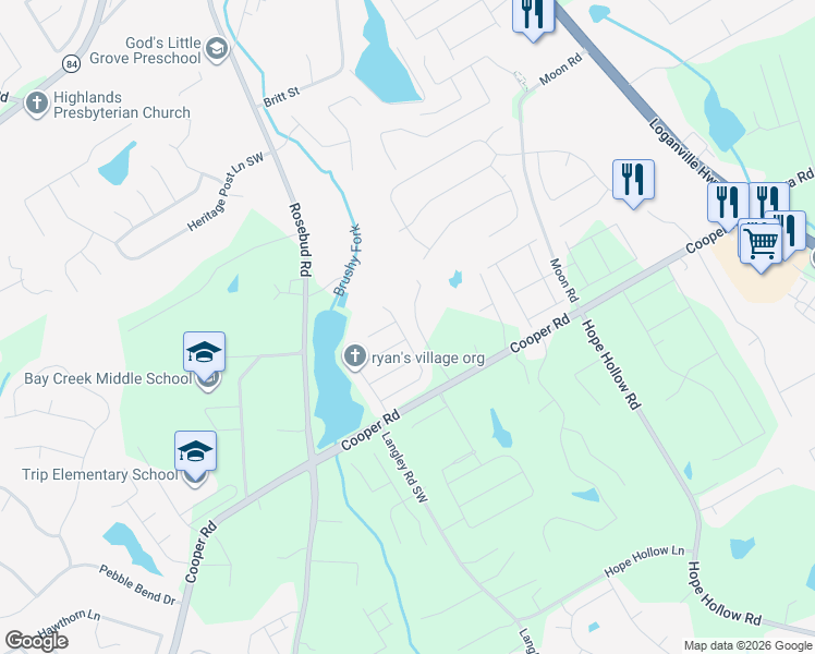 map of restaurants, bars, coffee shops, grocery stores, and more near 530 Warm Springs Court in Loganville