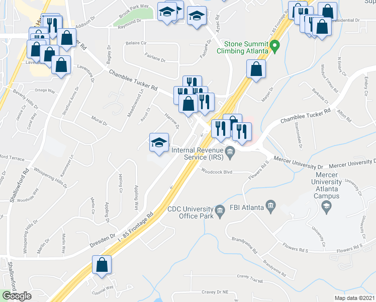 map of restaurants, bars, coffee shops, grocery stores, and more near 3053 Quantum Lane in Atlanta