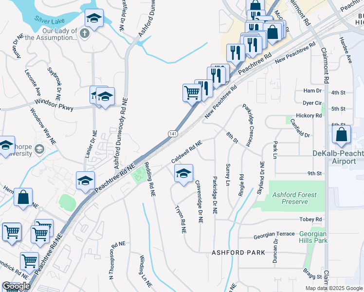 map of restaurants, bars, coffee shops, grocery stores, and more near 3138 Caldwell Road Northeast in Atlanta