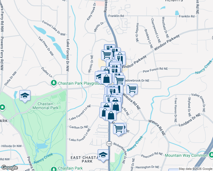 map of restaurants, bars, coffee shops, grocery stores, and more near 174 West Wieuca Road Northeast in Atlanta