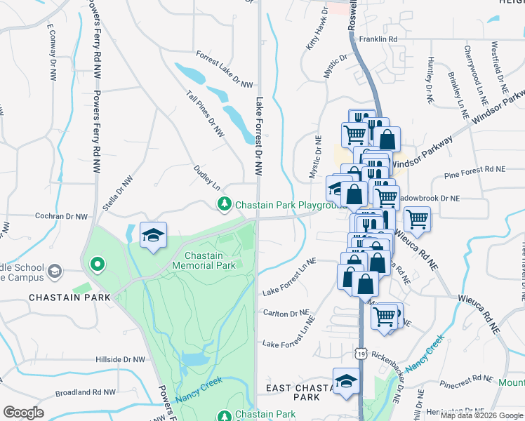 map of restaurants, bars, coffee shops, grocery stores, and more near 8 West Wieuca Road Northeast in Atlanta