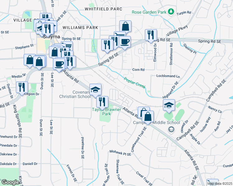 map of restaurants, bars, coffee shops, grocery stores, and more near 907 Vinings Forest Lane in Smyrna