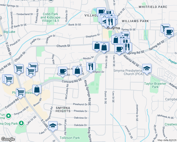 map of restaurants, bars, coffee shops, grocery stores, and more near 1181 Laurel Place in Smyrna
