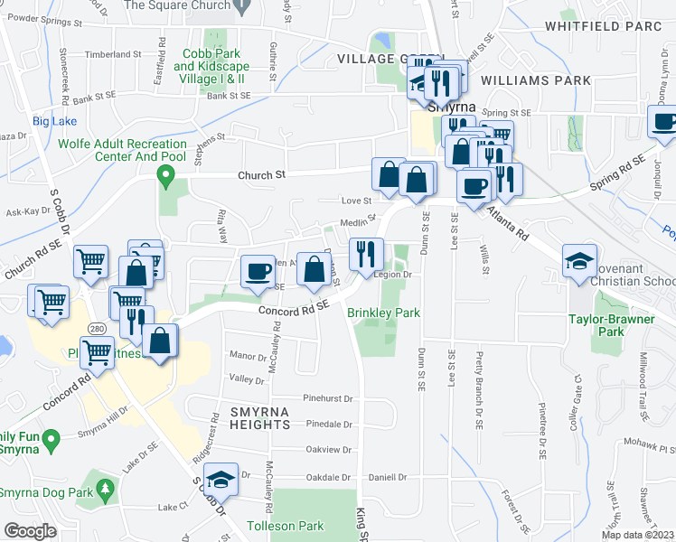 map of restaurants, bars, coffee shops, grocery stores, and more near 3133 Dunton Street in Smyrna