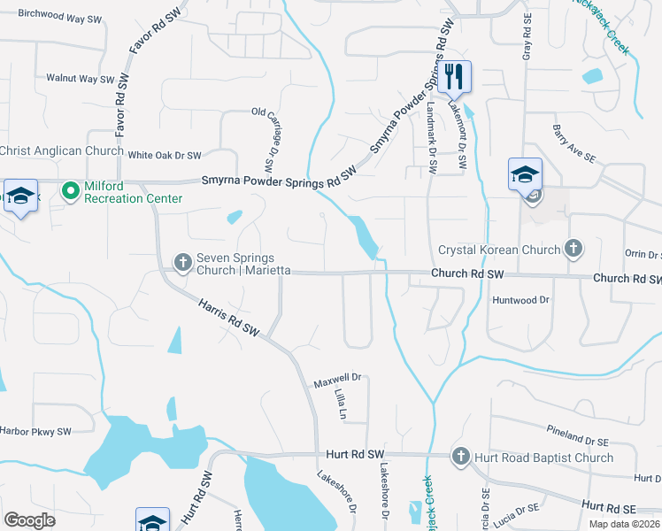map of restaurants, bars, coffee shops, grocery stores, and more near 262 Church Road in Marietta
