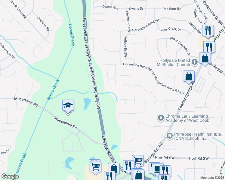 map of restaurants, bars, coffee shops, grocery stores, and more near 3134 Wild Oats Court Southwest in Marietta