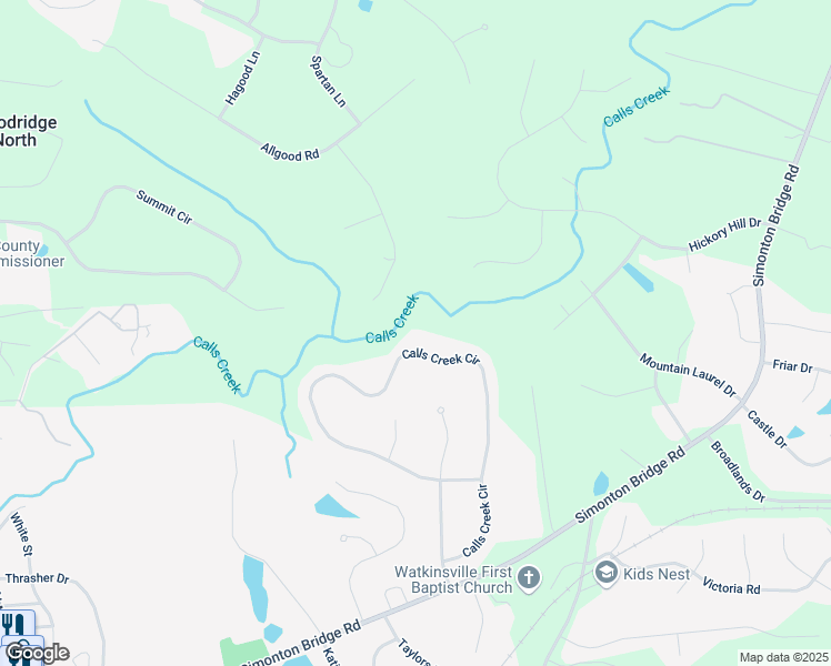 map of restaurants, bars, coffee shops, grocery stores, and more near 1320 Calls Creek Circle in Watkinsville