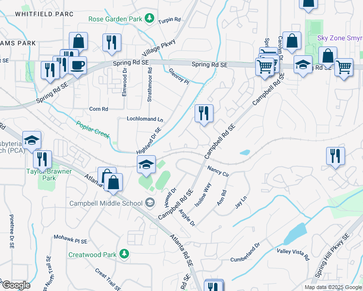map of restaurants, bars, coffee shops, grocery stores, and more near 2534 Oakwood Way Southeast in Smyrna