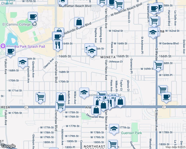 map of restaurants, bars, coffee shops, grocery stores, and more near 16910 Purche Avenue in Torrance