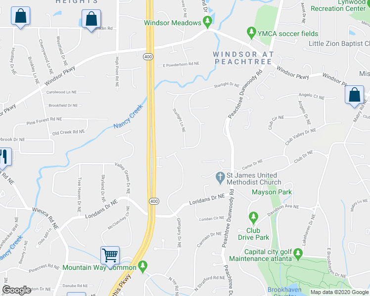 map of restaurants, bars, coffee shops, grocery stores, and more near Starlight Dr NE & Starlight Ln NE in Sandy Springs