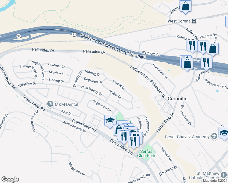 map of restaurants, bars, coffee shops, grocery stores, and more near 2985 Amber Drive in Corona