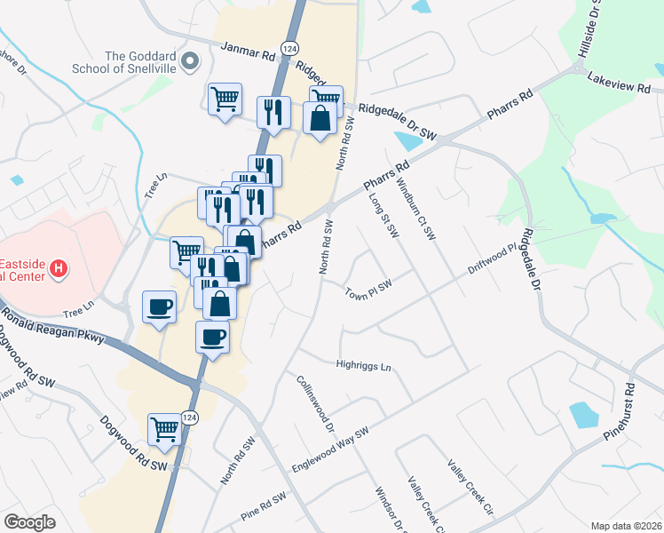 map of restaurants, bars, coffee shops, grocery stores, and more near 1874 North Road in Snellville