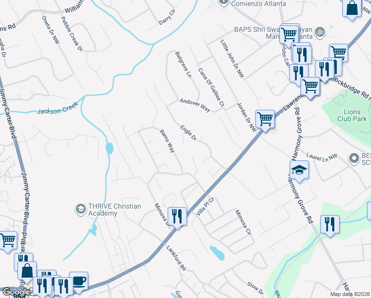 map of restaurants, bars, coffee shops, grocery stores, and more near 5920 Chatham Court Northwest in Tucker
