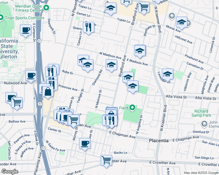 map of restaurants, bars, coffee shops, grocery stores, and more near 123 Orange Grove Avenue in Placentia