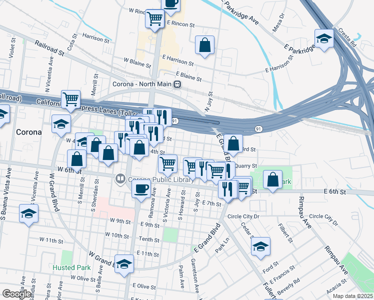 map of restaurants, bars, coffee shops, grocery stores, and more near 316 South Howard Street in Corona