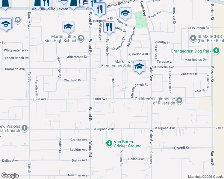 map of restaurants, bars, coffee shops, grocery stores, and more near 9552 Glenmore Forest Drive in Riverside