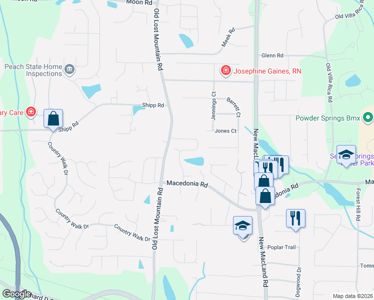 map of restaurants, bars, coffee shops, grocery stores, and more near 3131 Old Lost Mountain Road in Powder Springs