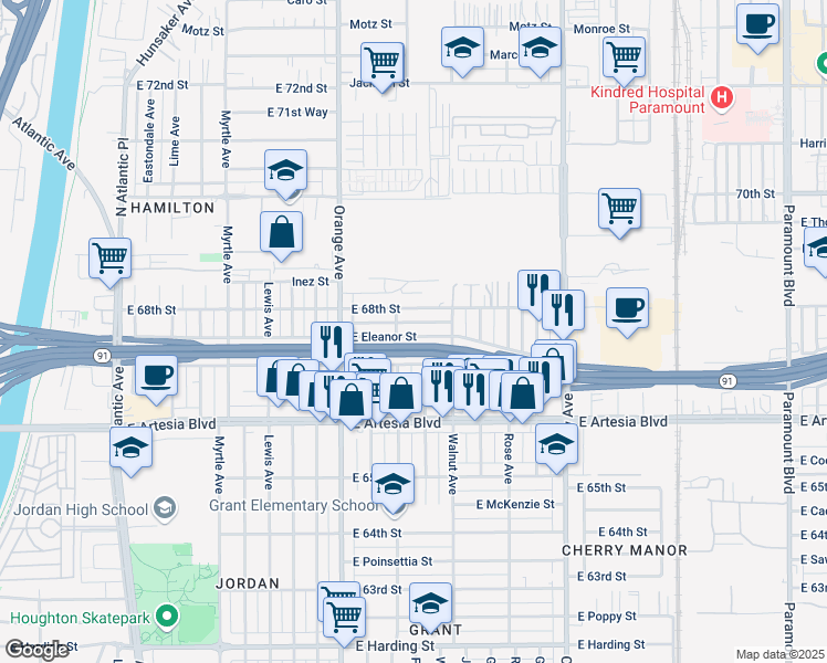 map of restaurants, bars, coffee shops, grocery stores, and more near 1429 East Eleanor Street in Long Beach