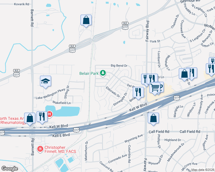 map of restaurants, bars, coffee shops, grocery stores, and more near 3713 Lesley Heights Street in Wichita Falls