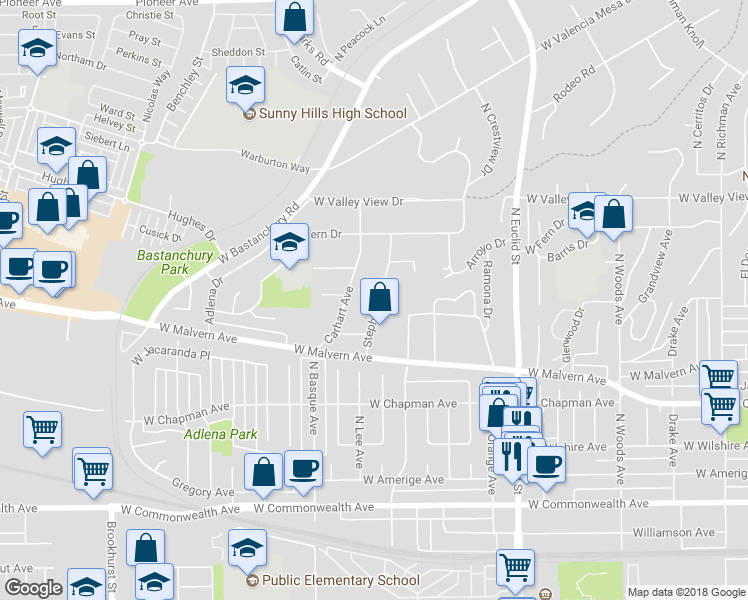 map of restaurants, bars, coffee shops, grocery stores, and more near 763 Stephens Avenue in Fullerton