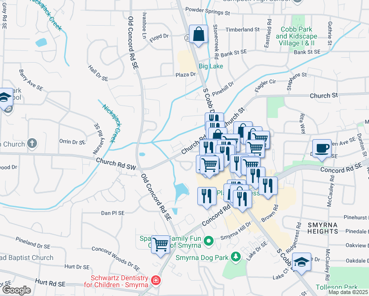 map of restaurants, bars, coffee shops, grocery stores, and more near 257 Aventine Lane in Smyrna