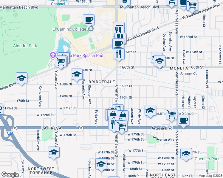 map of restaurants, bars, coffee shops, grocery stores, and more near 16808 Delia Avenue in Torrance
