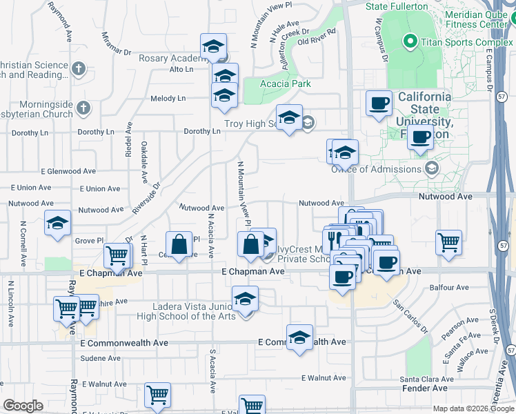 map of restaurants, bars, coffee shops, grocery stores, and more near 2018 Nutwood Avenue in Fullerton