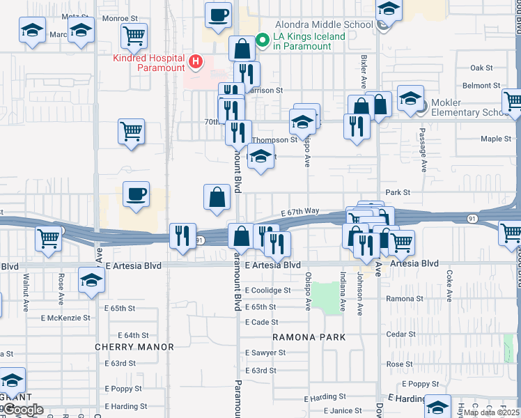 map of restaurants, bars, coffee shops, grocery stores, and more near 6752 Curtis Avenue in Long Beach