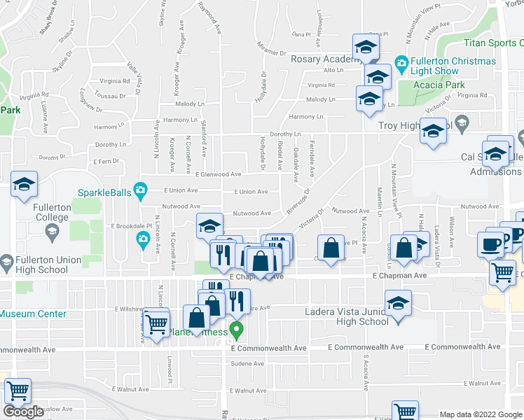 map of restaurants, bars, coffee shops, grocery stores, and more near 1313 Nutwood Avenue in Fullerton